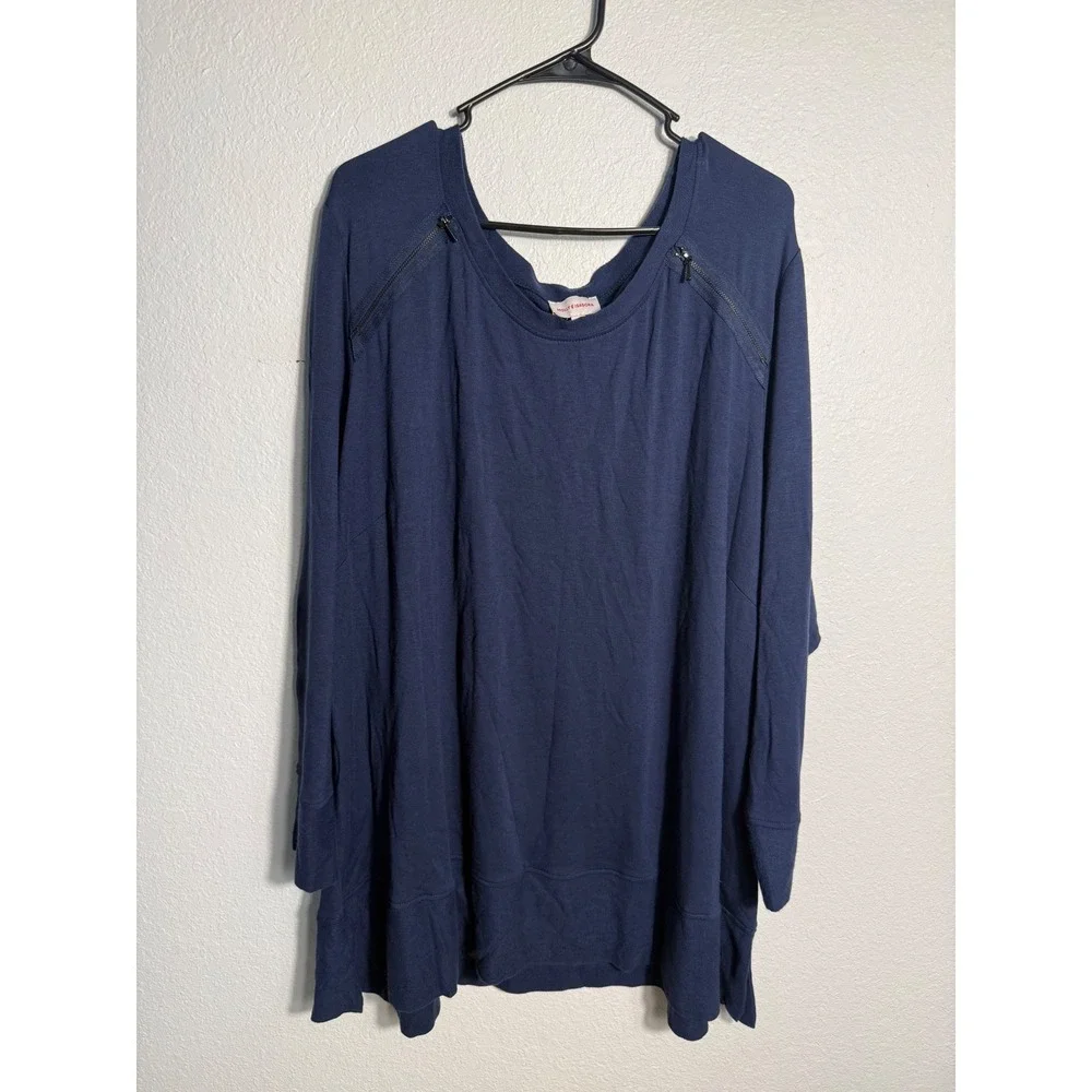 NWT Molly & Isadora Navy Blue Zipper Shoulder Long Sleeve Tunic Top Plus Size 3X